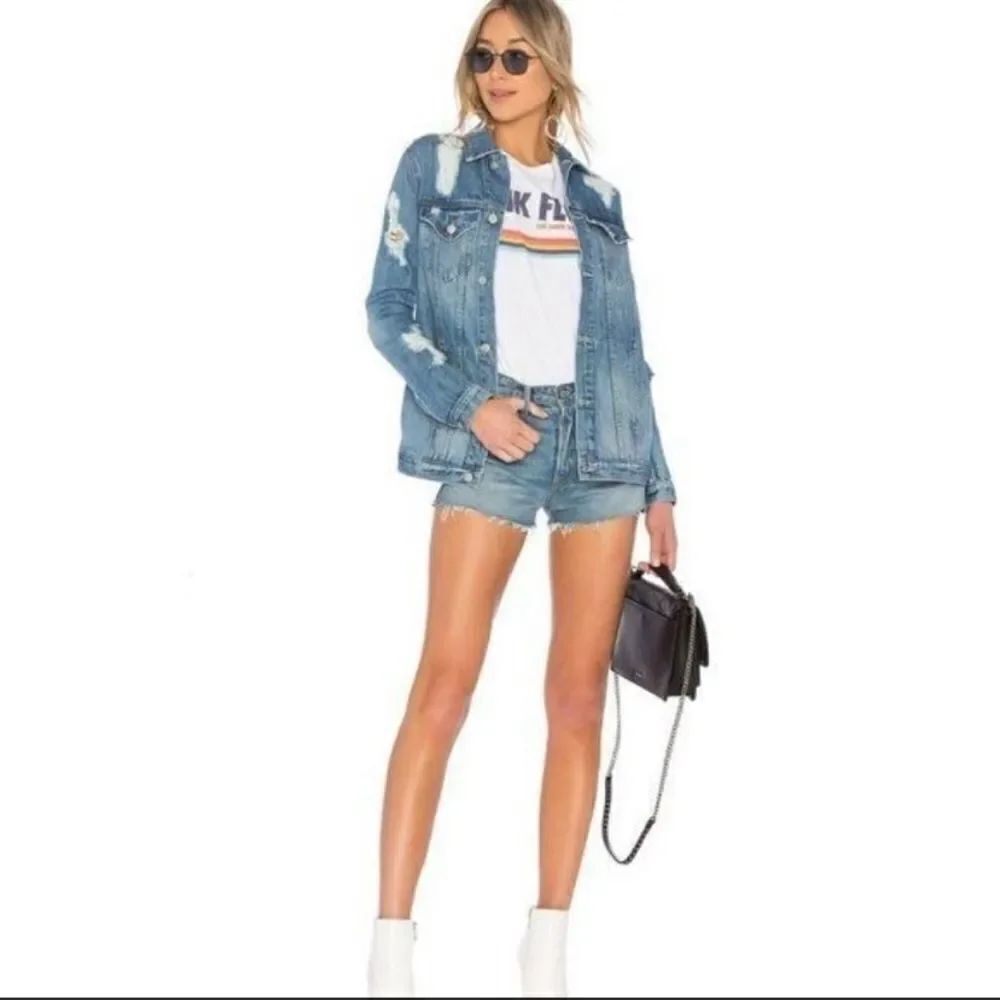 Lovers + Friends Factory Extensive Distressed Ripped Blue Denim Jacket Modern